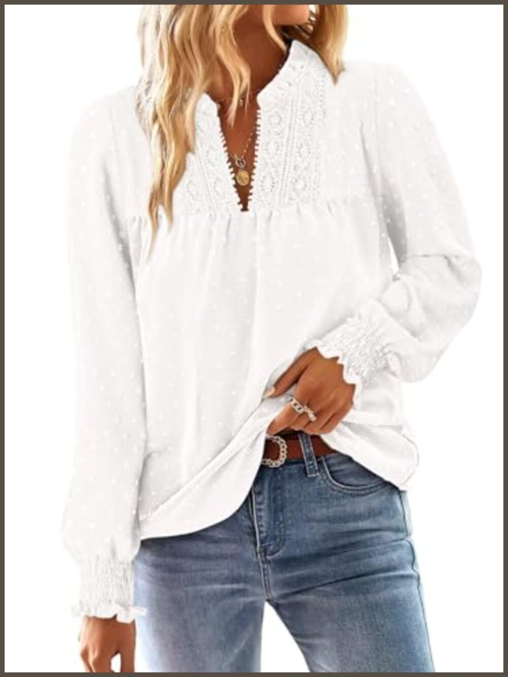 Boho Swiss Dot V Neck Long Sleeve Blouse Loose Flowy Tunic Top